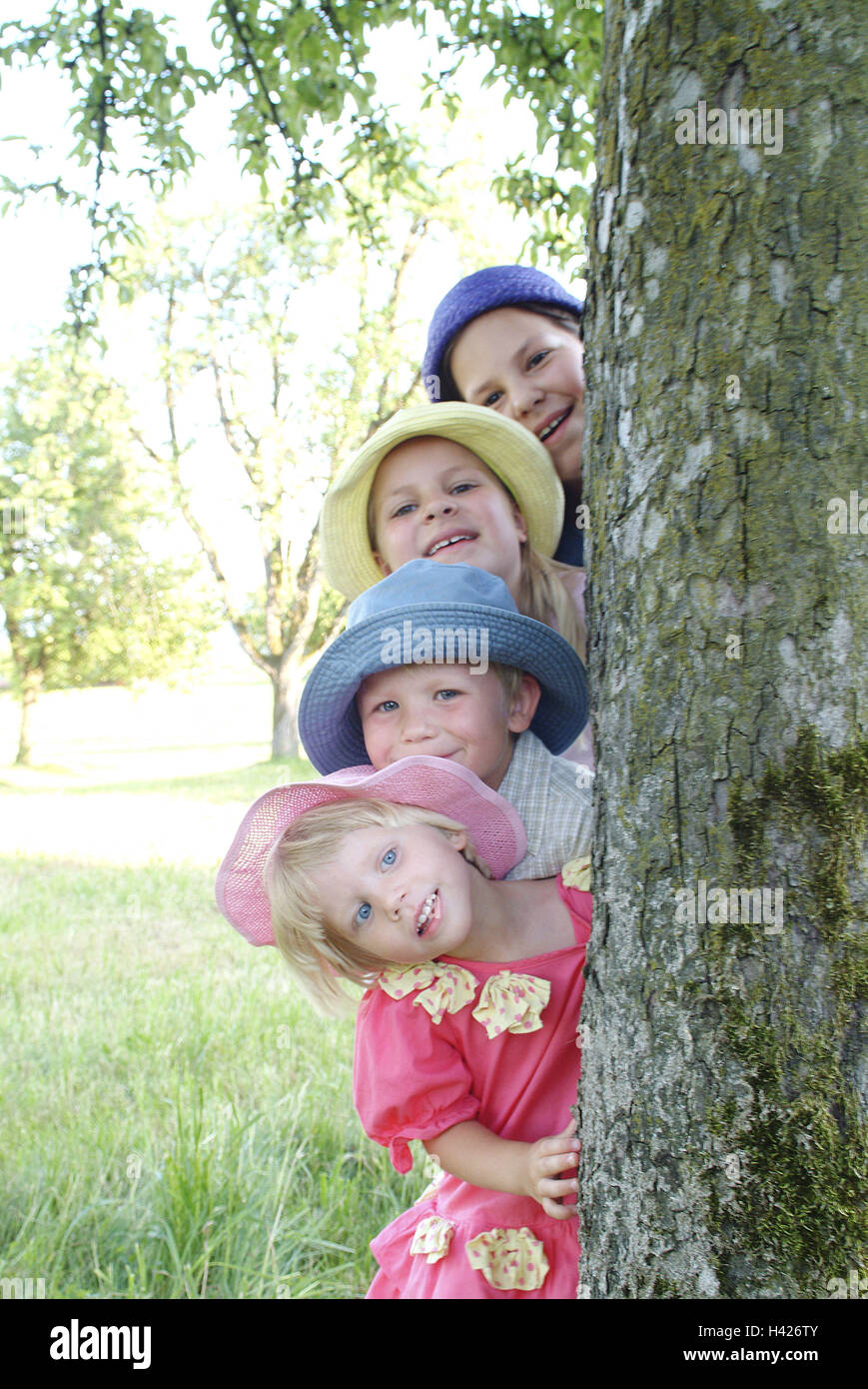 Log, ragazze, boy, sorrisi, via-vede, ritratto, ritratti di bambini, figli, fratelli, amici, quattro, 4-12 anni, cappelli, headgears, sguardo fotocamera, divertente, felicità, infanzia, 'organo a canne', estati, esterno, natura, albero, tronco, Foto Stock