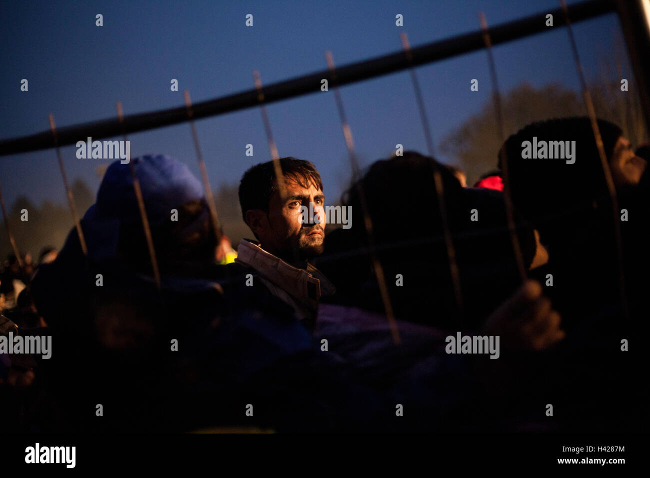 I rifugiati in attesa per il trasporto in Spielfeld Refugee Camp sul confine Slovenian-Austrian. Foto Stock