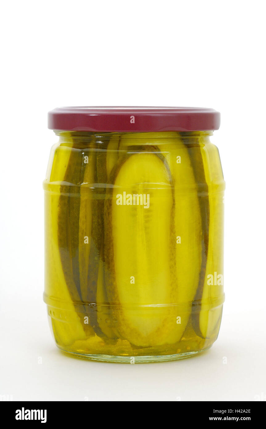 Vetro, fette di cetriolo, cetriolo vetro, preservando jar, preservando il vaso, il coperchio chiuso, cetrioli e cetriolini e cetrioli, fette, conserve, imbottigliato, vegetariano, nave, vetro, conserve, Foto Stock