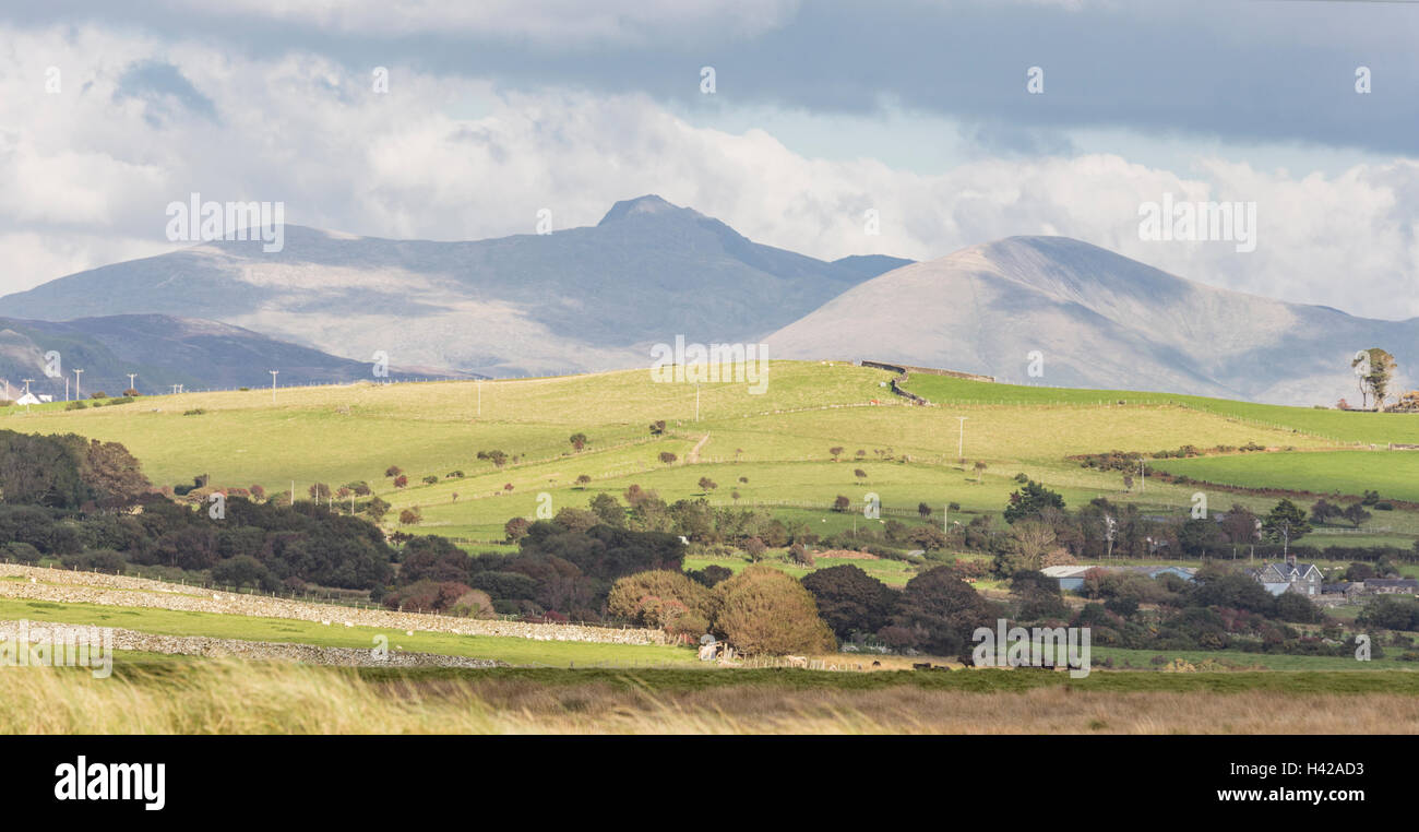 Cader Idris (Cadair Idris) montagna come si vede da Cardigan Bay vicino Tywyn, Galles del Nord, Regno Unito Foto Stock