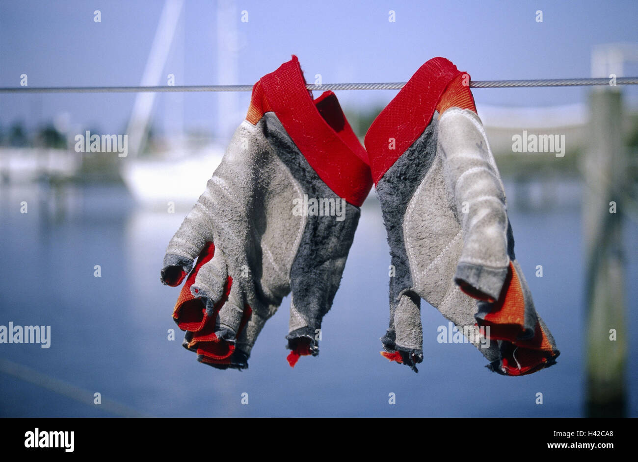 Stendibiancheria, guanti vela, vela, nave a vela, corda, cavo, guanti in pelle Guanti a sfera, hang, riagganciare, secco, break, partenze, Paesi Bassi, Ijsselmeer, Stavoren, yacht a vela, sport acquatici, sport, hobby, Foto Stock