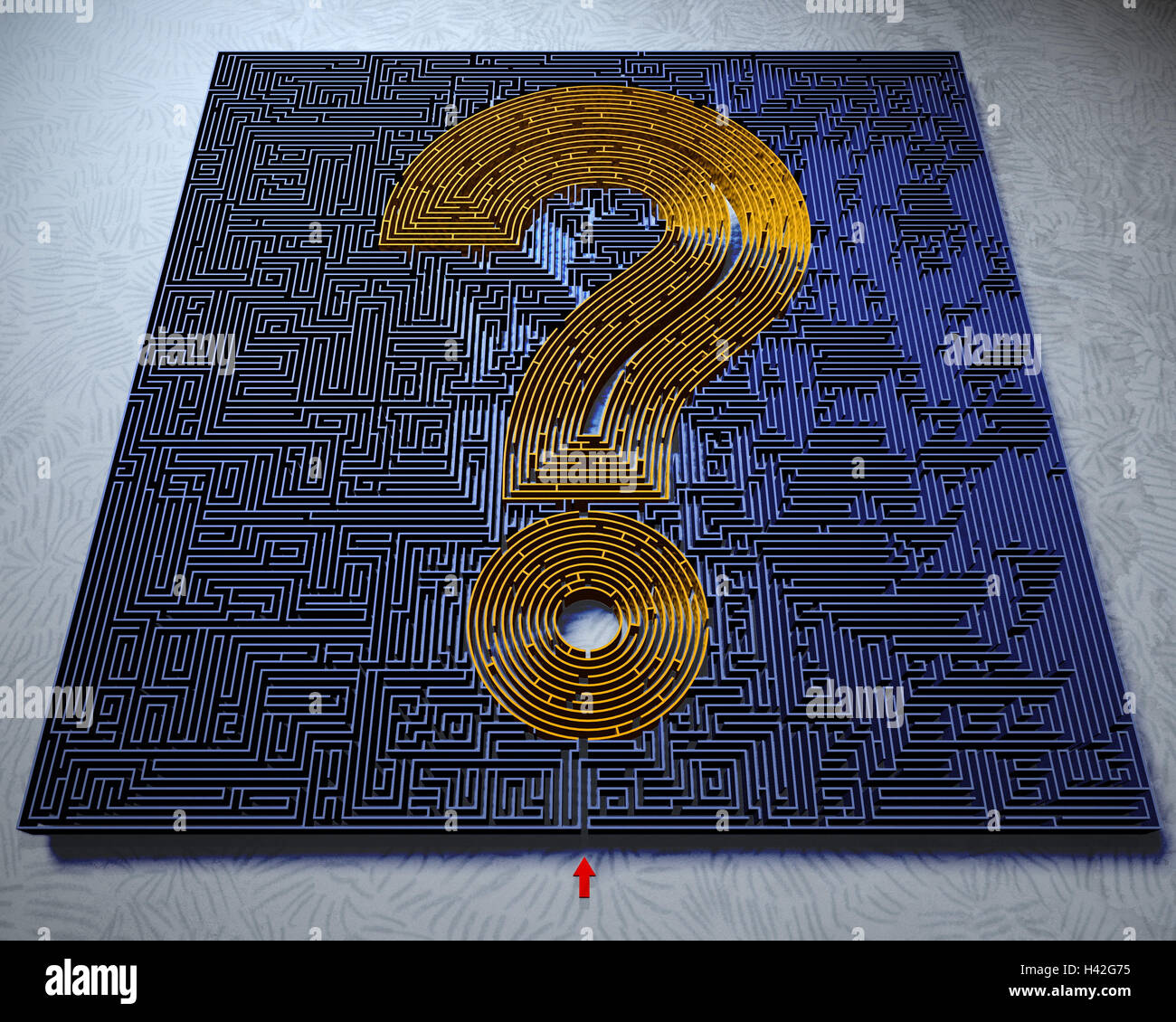 Computer grafica, labirinto, punto interrogativo, crazy giardino, percorso errante, ricerca gioco, domanda, dubbio, a tentoni, soluzione, risoluzione, vie di uscita, possibilità, disperazione, confusione, destinazione, incertezza, freccia punta, ingresso, Riddle, misterioso Foto Stock
