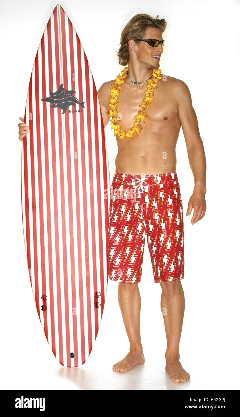 L'uomo, giovani, sun vetro, Blumenkranz,, simbolo delle tavole da surf,  ferie, vacanze estive, tempo libero e relax, sport, sport d'acqua,  surfisti, surfisti, bionda, collana, shorts, linee di abbigliamento da  bagno, corpi superiore