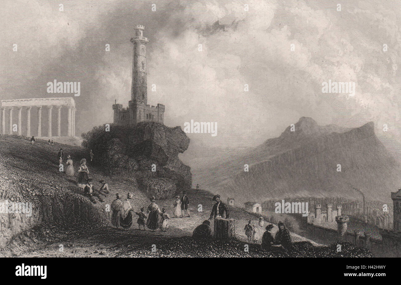 Il Calton Hill, con il Monumento Nelson. La Scozia. BARTLETT c1840 stampa vecchi Foto Stock