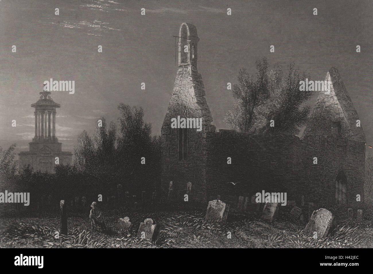 Alloway Auld Kirk con Robert Burns monumento. La Scozia. BARTLETT c1840 stampa Foto Stock