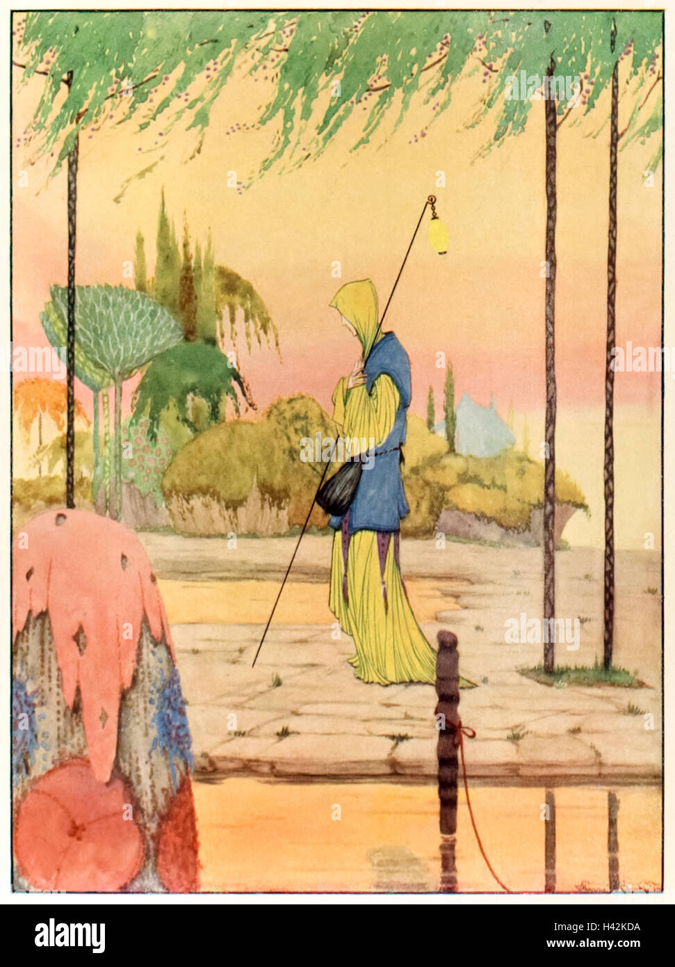 "E mi hanno un po' di pace vi, per la pace scende lentamente". illustrazione di Harry Clarke (1889-1931) per il poema, 'Il Lake Isle of Innisfree" da W.B. Yeats (1865-1939). Vedere la descrizione per maggiori informazioni. Foto Stock