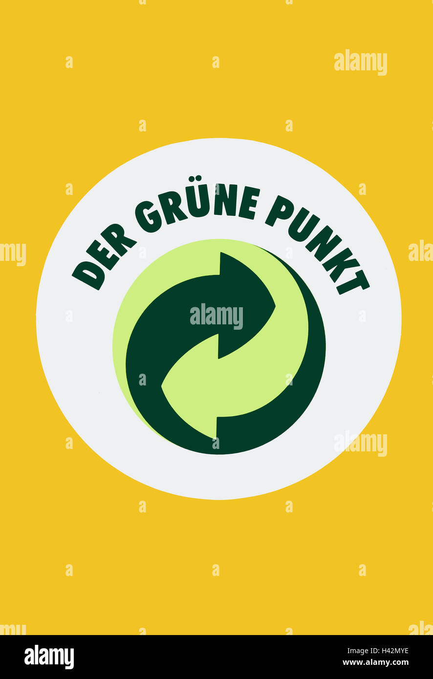 Icona, riciclaggio, "Il punto verde", immondizia, immondizia economia, rifiuti, industria dei rifiuti, raccolta differenziata dei rifiuti, rifiuti separazione, separazione, materiali pregiati, riciclaggio, protezione dell'ambiente, giallo, buste, busta rifiuti, smaltimento dei rifiuti, smaltimento, materiali pregiati, recupero, logo, ciclo di ciclo di immondizia, ambiente, ambiente-essere cosciente, Foto Stock