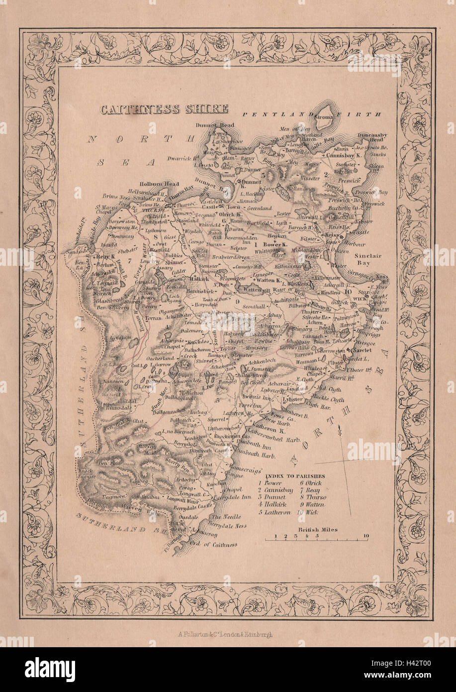 Antiquariato decorativo county map di Caithness-shire, Scozia. FULLARTON 1868 Foto Stock