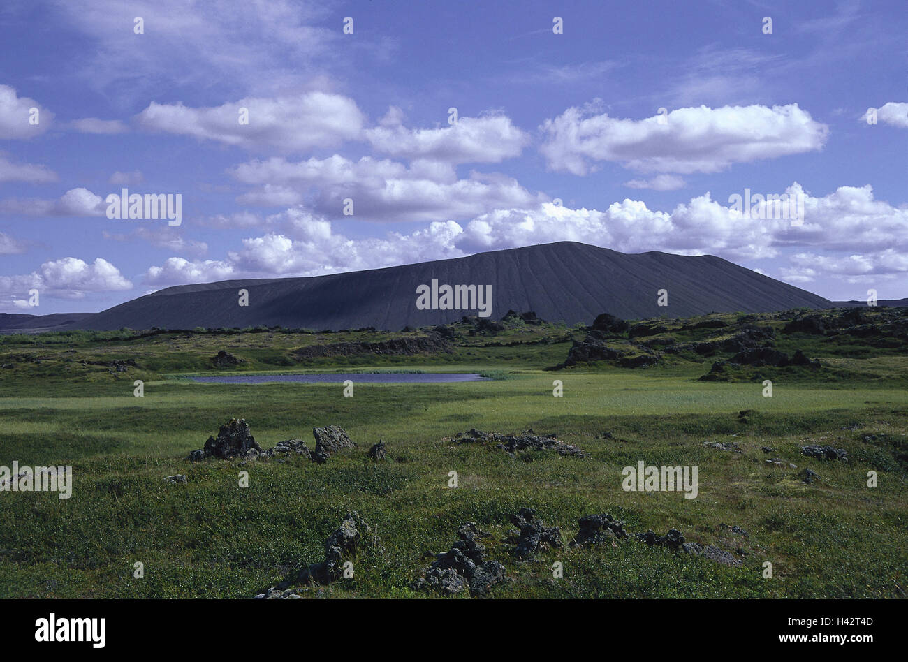 L'Islanda, il lago Mìvatn, scenario, Vulcano Islanda, destinazione Isola, luogo di interesse Natura lago di zanzara, vulcano a cono, visualizzare deserte, cielo, nuvole, cielo nuvoloso, esterno, Foto Stock