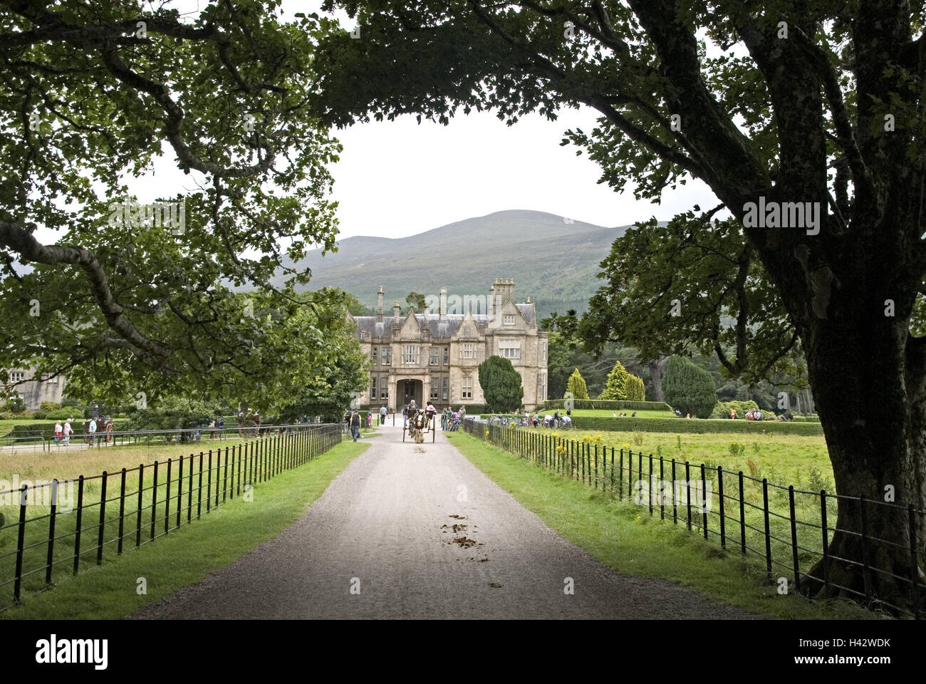 Irlanda, Munster, Kerry, Killarney National Park, Muckross House, visitatore, Villa, Vittoriano, Mansion, manorial, parco, edificio, struttura, architettura, luogo di interesse, visitatore, turistico, turismo, persona, esterno, carrello, Foto Stock