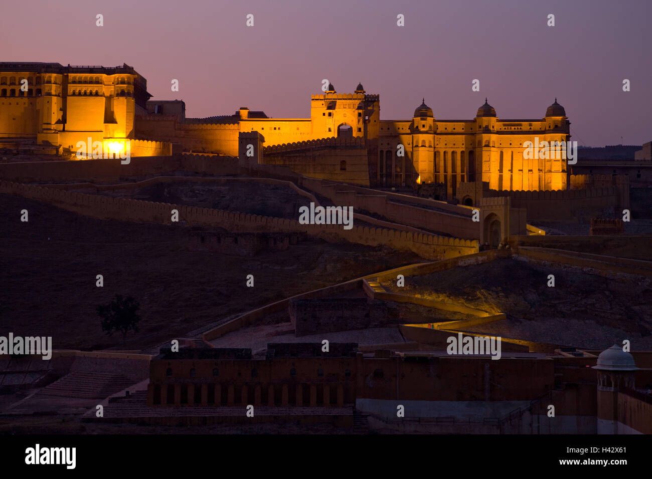 India Rajasthan, Jaipur, fort amber, illuminazione, sera, Foto Stock