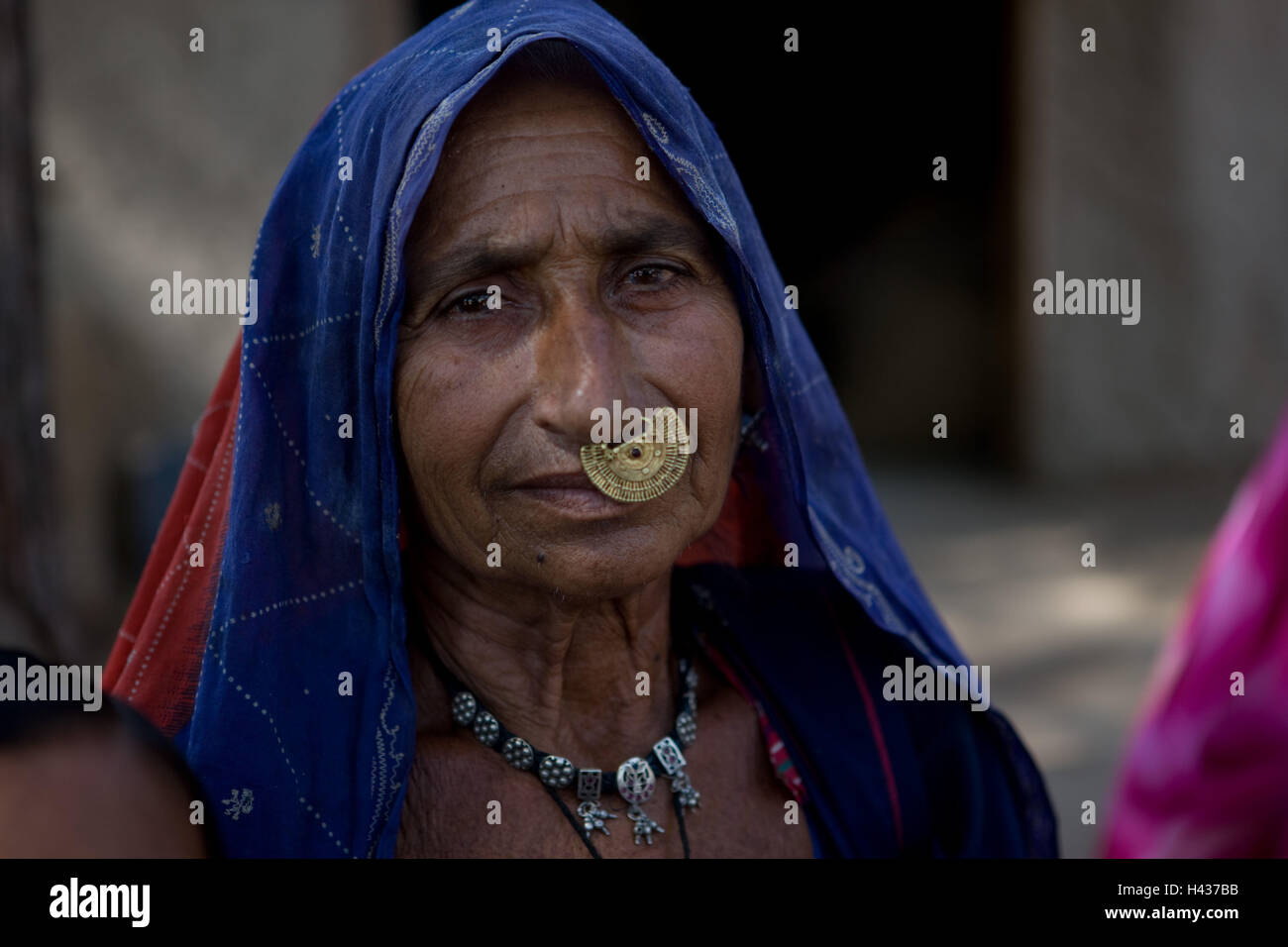 India Rajasthan, vicino Luni, tribù Bisnoi, donna, velo, anello nasale, gioielli, ritratto, nessun modello di rilascio, Foto Stock