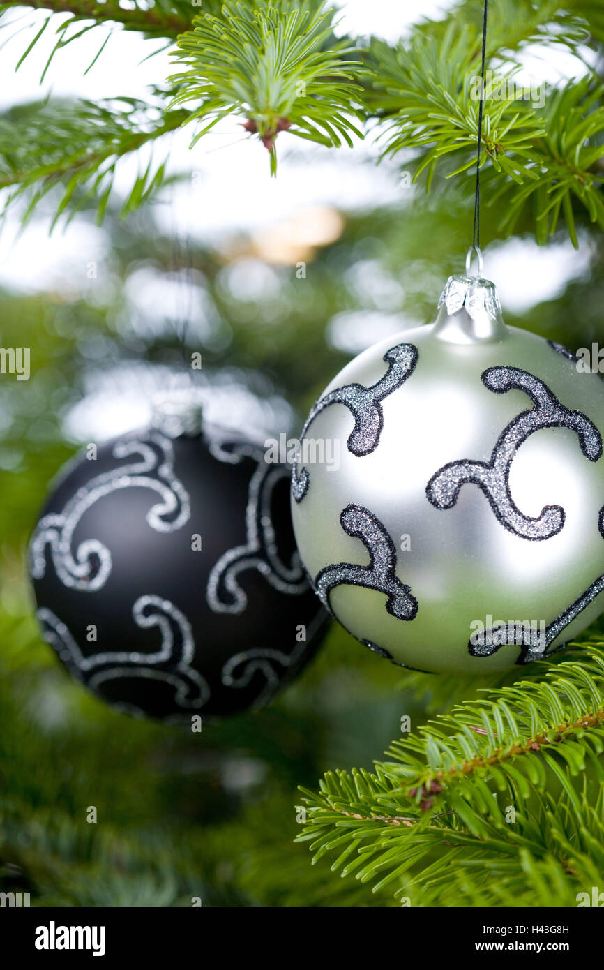 Albero di Natale, Natale sfera, nero, bianco, dettaglio, sfocatura, Foto Stock