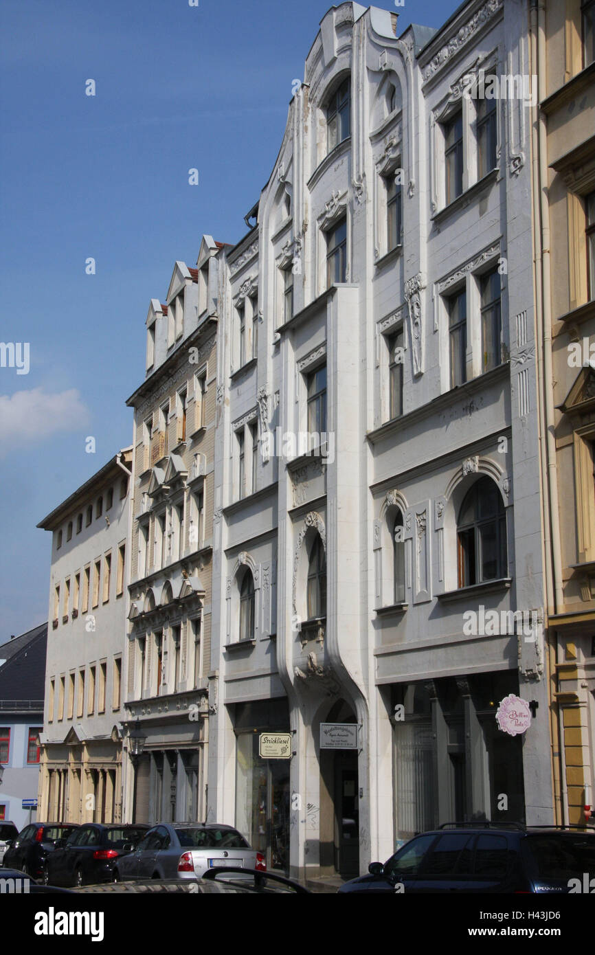 In Germania, in Sassonia, Freiberg ereditaria Broad Street, case art nouveau, terrazza, case, case, facciate di case e presenta uno stile architettonico in stile art nouveau, architettura, Foto Stock