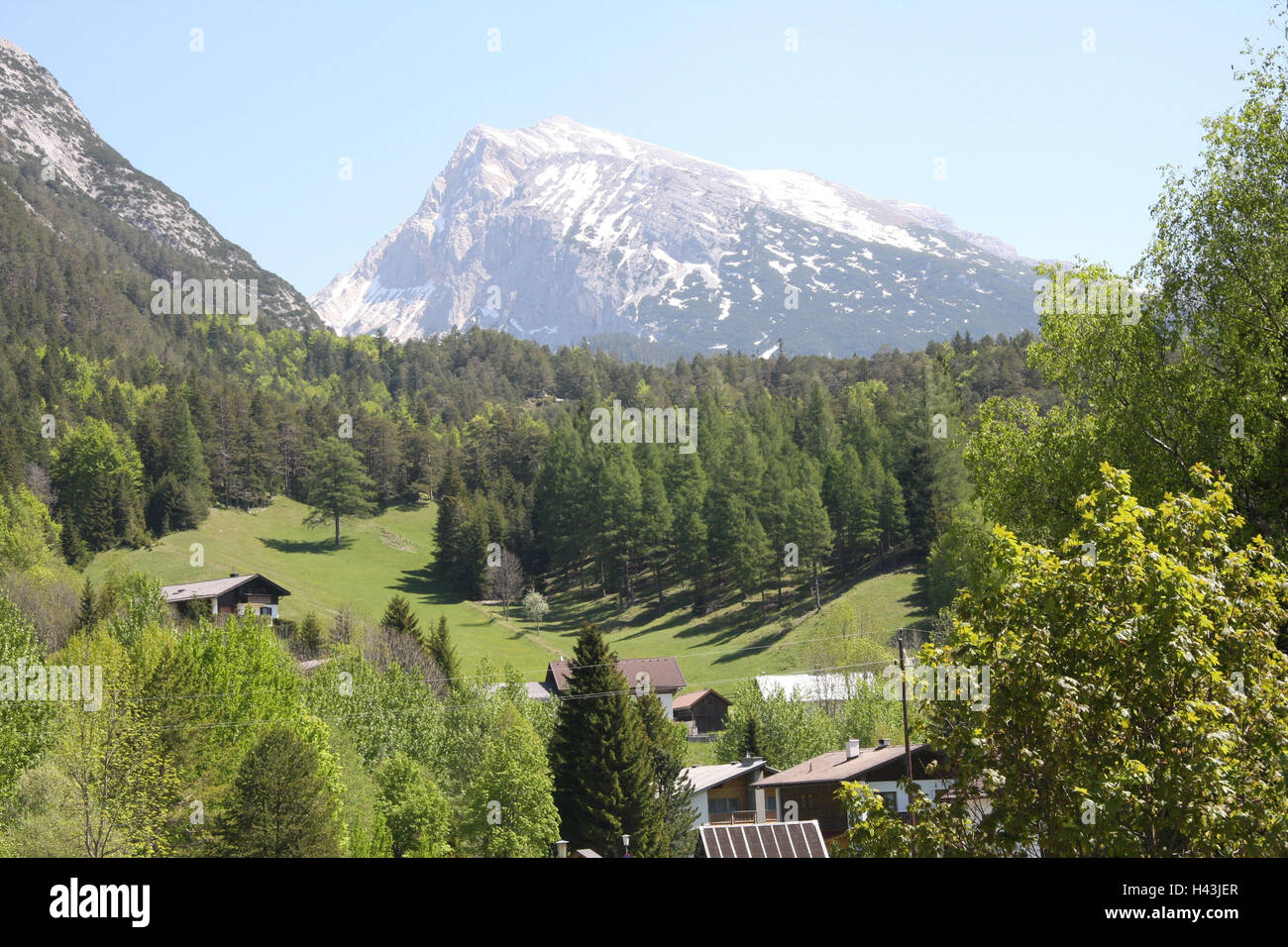 Austria, Tirolo, Scharnitz, vista locale, Pleissenspitze, estate, Nordtirol, luogo, case, case, il bordo della foresta, montagne, Karwendelgebirge, Hochgebirge, summit, innevate Foto Stock