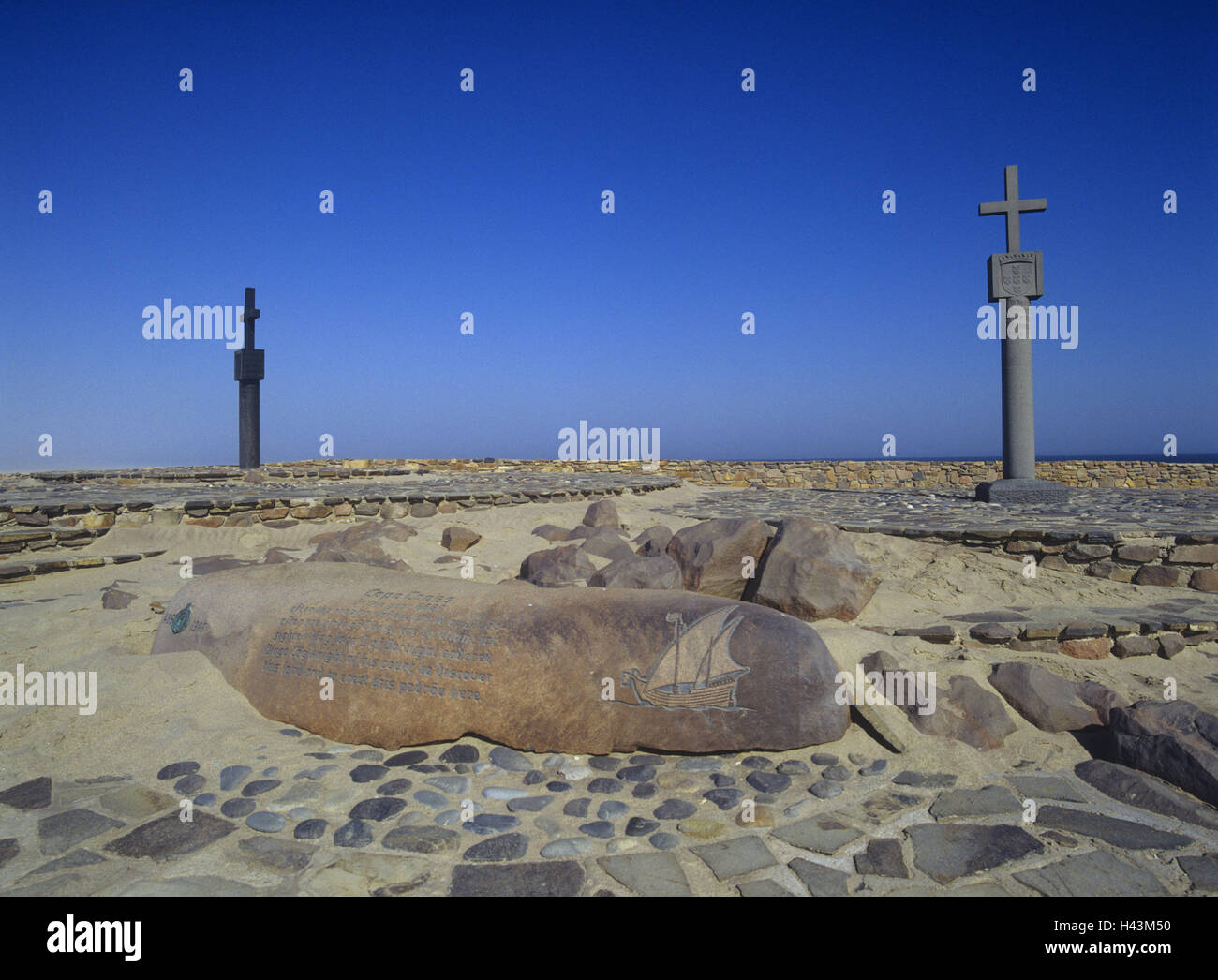 La Namibia, cross cape, rock, croci, Africa del Sud Atlantico, la Capezzagna, monumento, pilastri a croce, luogo di interesse, destinazione, turismo, Foto Stock
