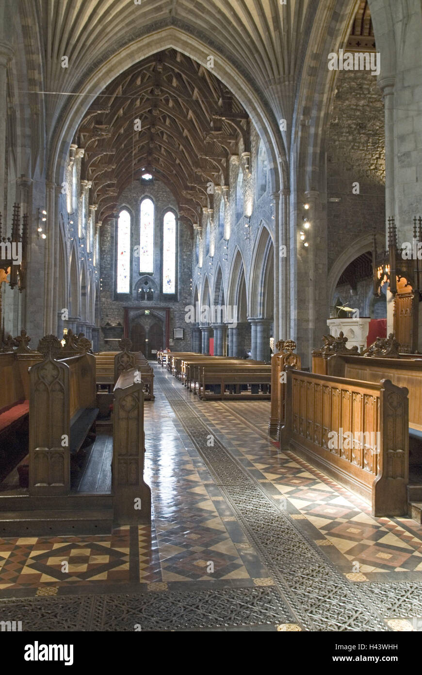 In Irlanda, il Leinster, Kilkenny, cattedrale, San Canice Ì vedere, interior shot, interno, corridoio,, chiesa, costruzione sacra, architettura, fede, religione, all'interno, sublime, interior design, architettura, spike curve, banchi, Foto Stock