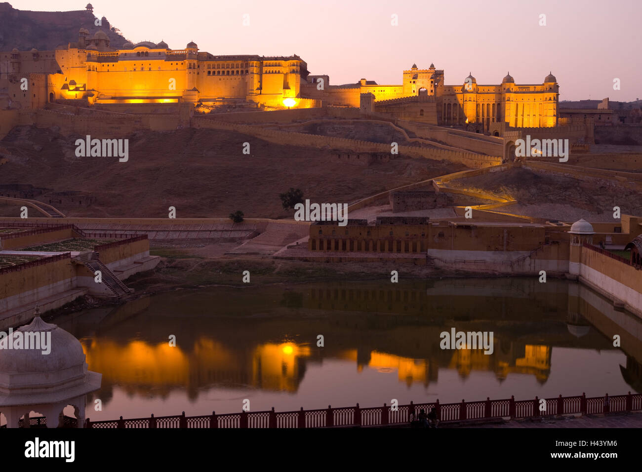 India Rajasthan, Jaipur, fort amber, illuminazione, crepuscolo, Foto Stock