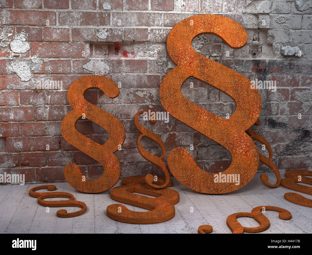 Computer grafica, paragrafo, arrugginito, murature in mattoni, un muro di mattoni, a parete, mattoni mattoni rossi, caratteri, ruggine, ruggini 3D-grafica, Foto Stock