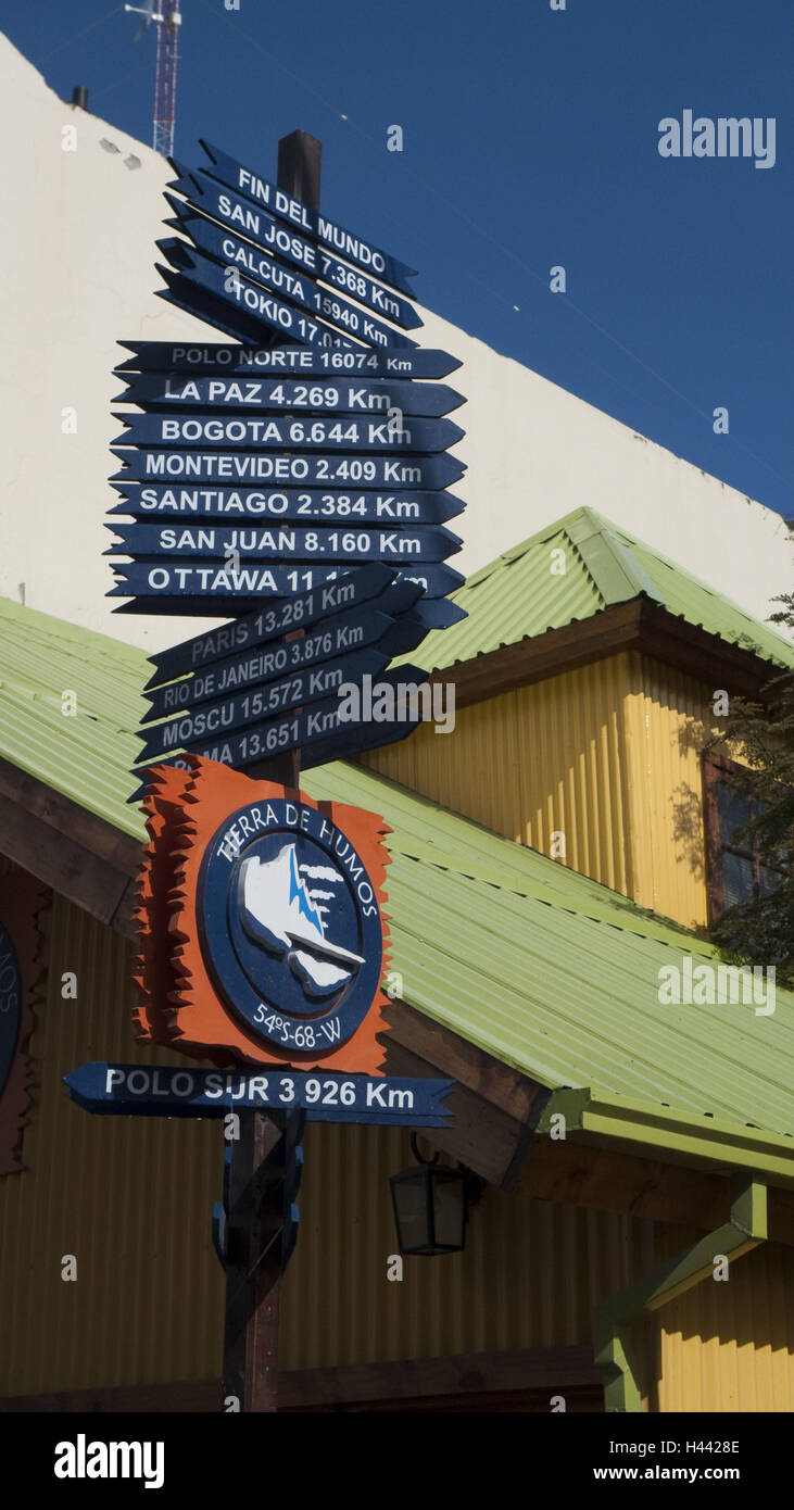 Argentina, Ushuaia, fin del mundo, centro città, segno albero, Foto Stock