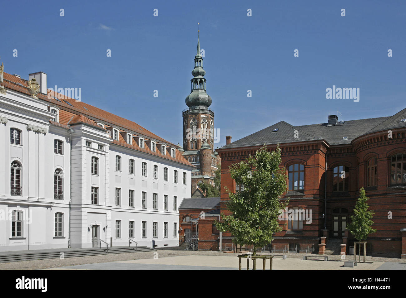 Germania, Meclemburgo-Pomerania occidentale, Greifswald, Ernst-Moritz-Arndt-Universität, cortile interno, edificio principale, chiesa di San Nikolai, città, città anseatica, vista città, centro città, case, palazzi, architettura, Università, edificio principale, centro storico campus, Foto Stock