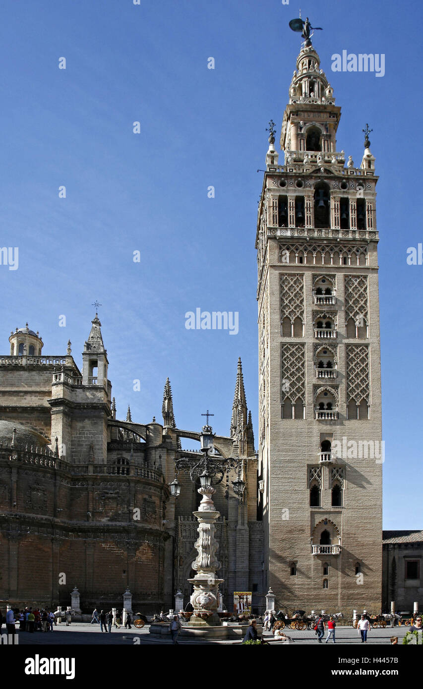 Spagna, Andalusia, Siviglia, cattedrale, Torre campanaria, Europa, storico, centro citta', spazio Giralda, Steeple, landmark, torre, statua in bronzo, edificio, minareto, architettura, luogo di interesse, maurisch, come di un Cristiano, Late-Gothic, plataresk, Rinascimento, Foto Stock