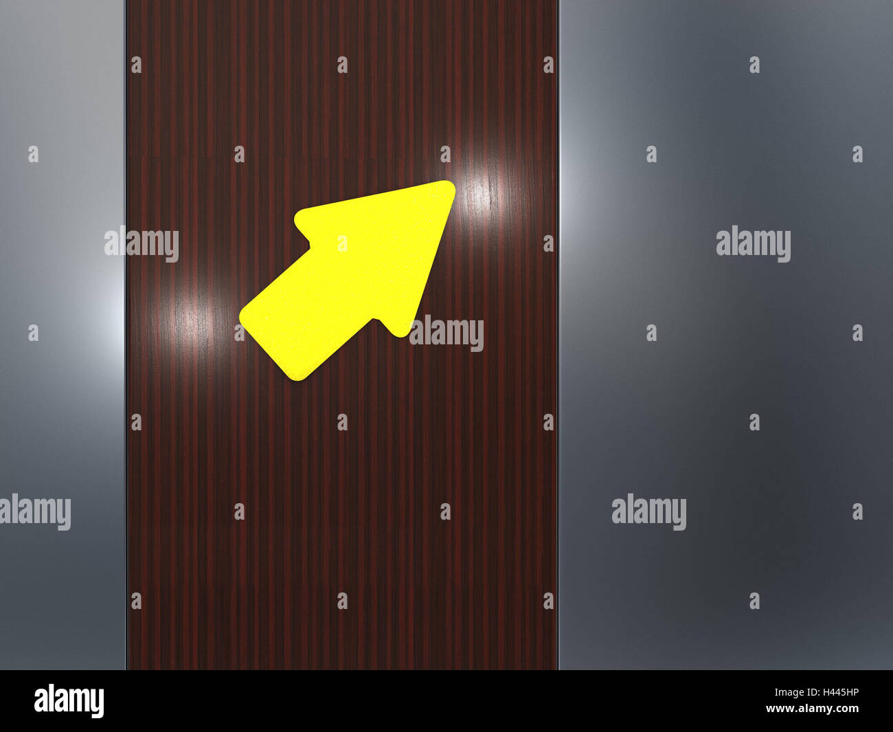 Pareti in legno, freccia Gialla, legno, parete, porta, marrone, direzione, punta, radiosa, grano, pregiato, verso l'alto, alto, freccia a punta di freccia di direzione, 3d-grafica, computer grafica, Foto Stock