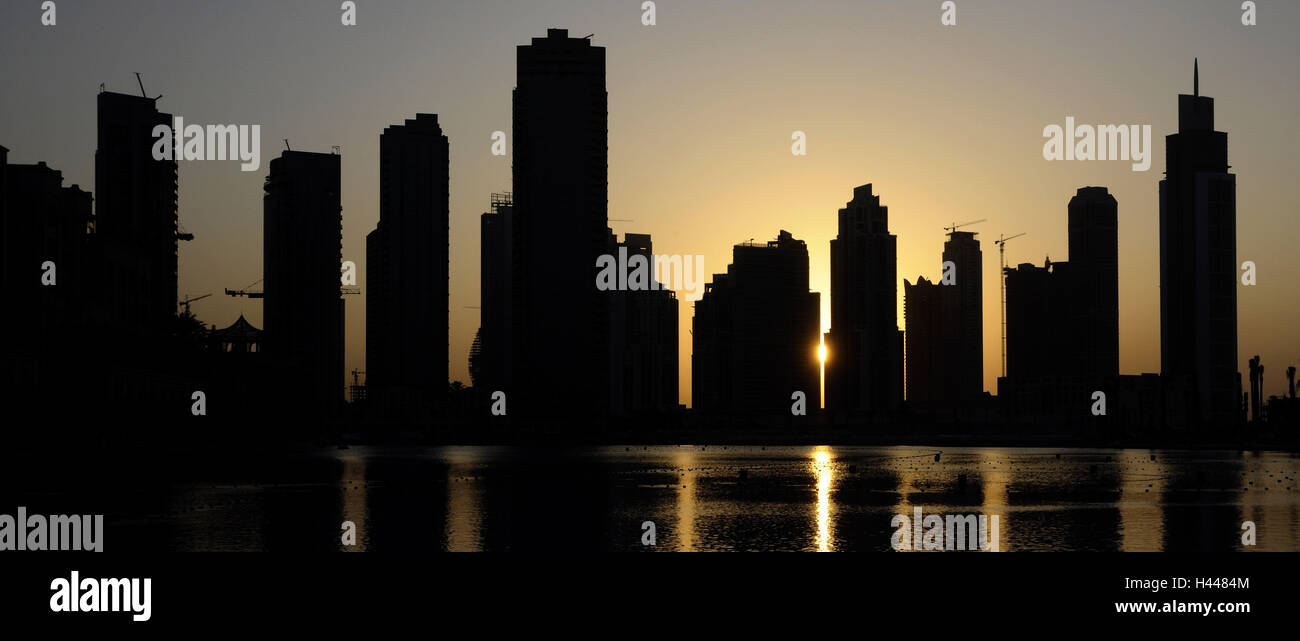 Grattacielo, tramonto, Dubai, Emirati Arabi Uniti, Foto Stock