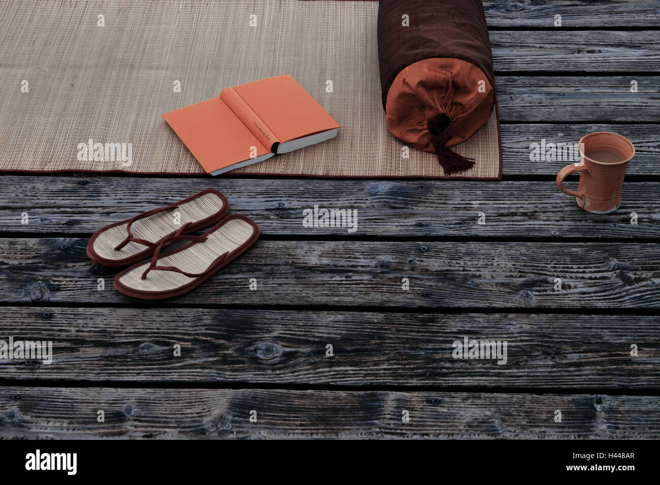 Utensili da bagno, libro, tazza da caffè, jetty, Foto Stock