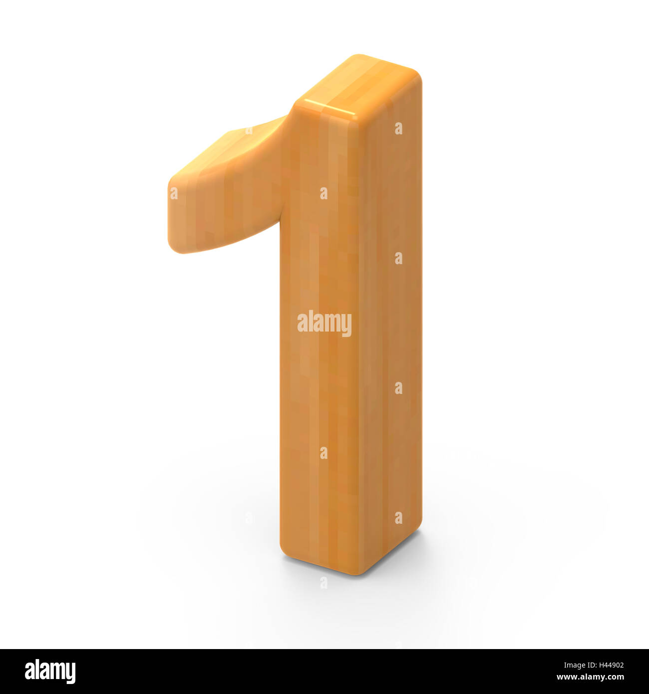 3D rendering numero bianco 1 isolati su sfondo bianco, in legno marrone chiaro, granella sul lato destro in alto numero di visualizzazione Foto Stock