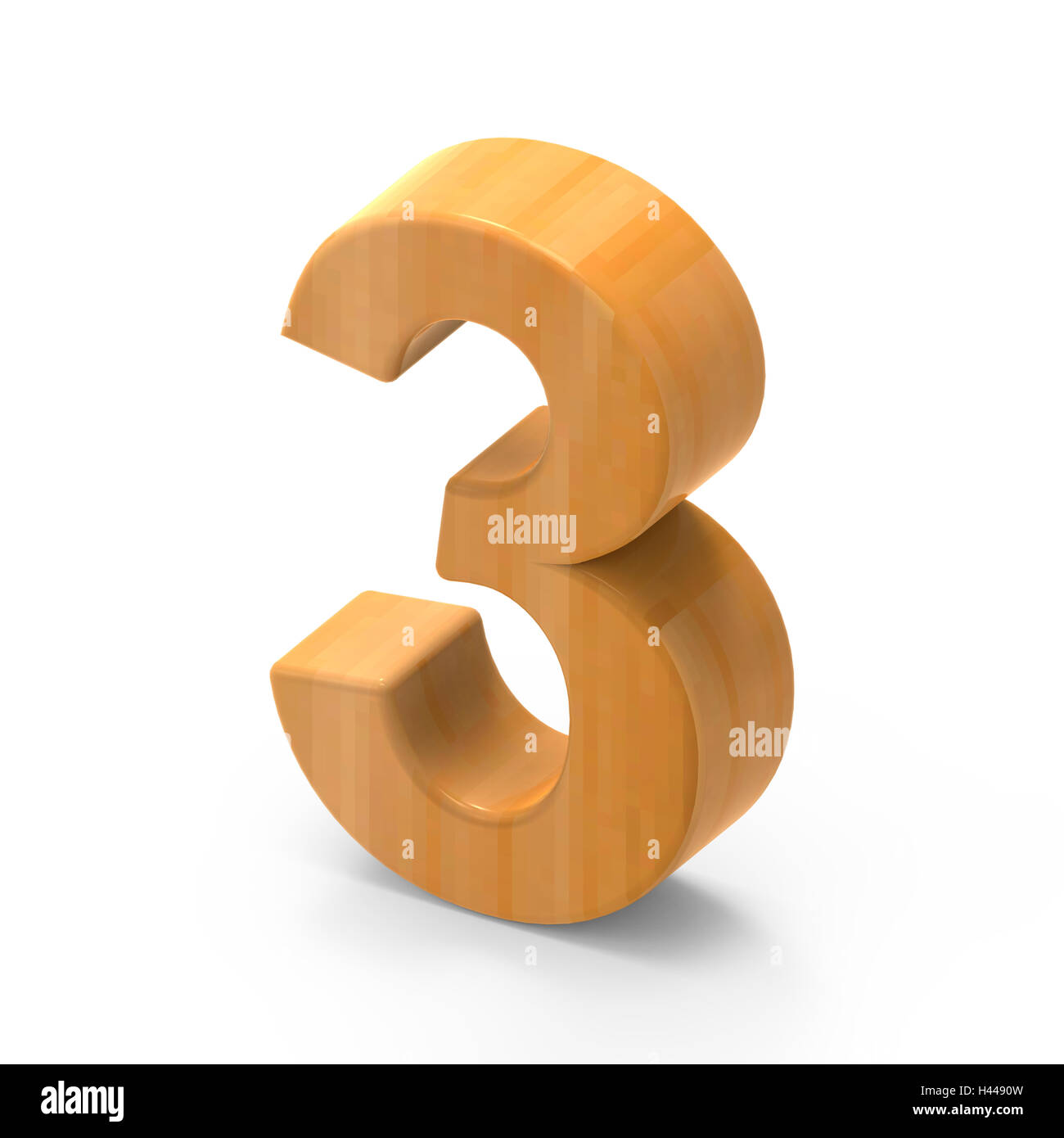 3D rendering numero bianco 3 isolati su sfondo bianco, in legno marrone chiaro, granella sul lato destro in alto numero di visualizzazione Foto Stock