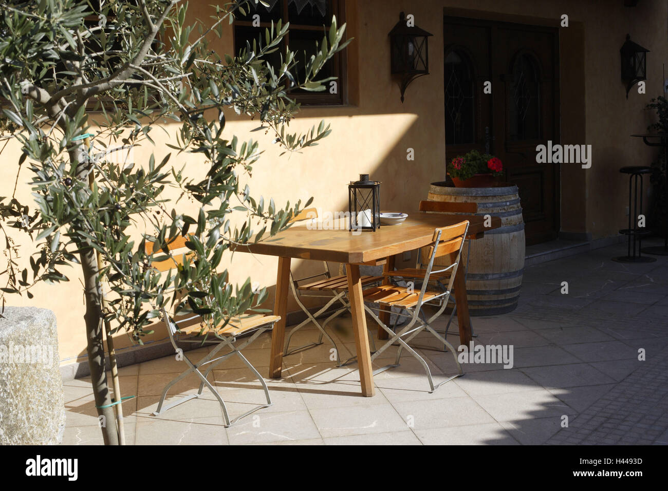 Terrazza, tavolo, sedie, olivo, Mediterranea Foto Stock