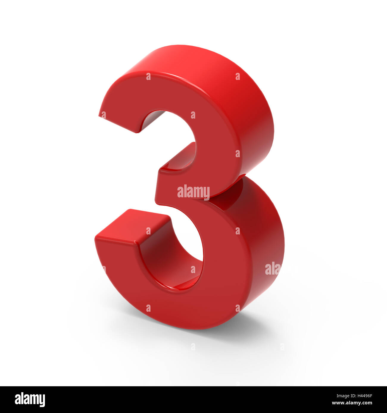 3D rendering buon numero rosso 3 isolati su sfondo bianco, trama liscia numero rosso, vista superiore lato destro Foto Stock