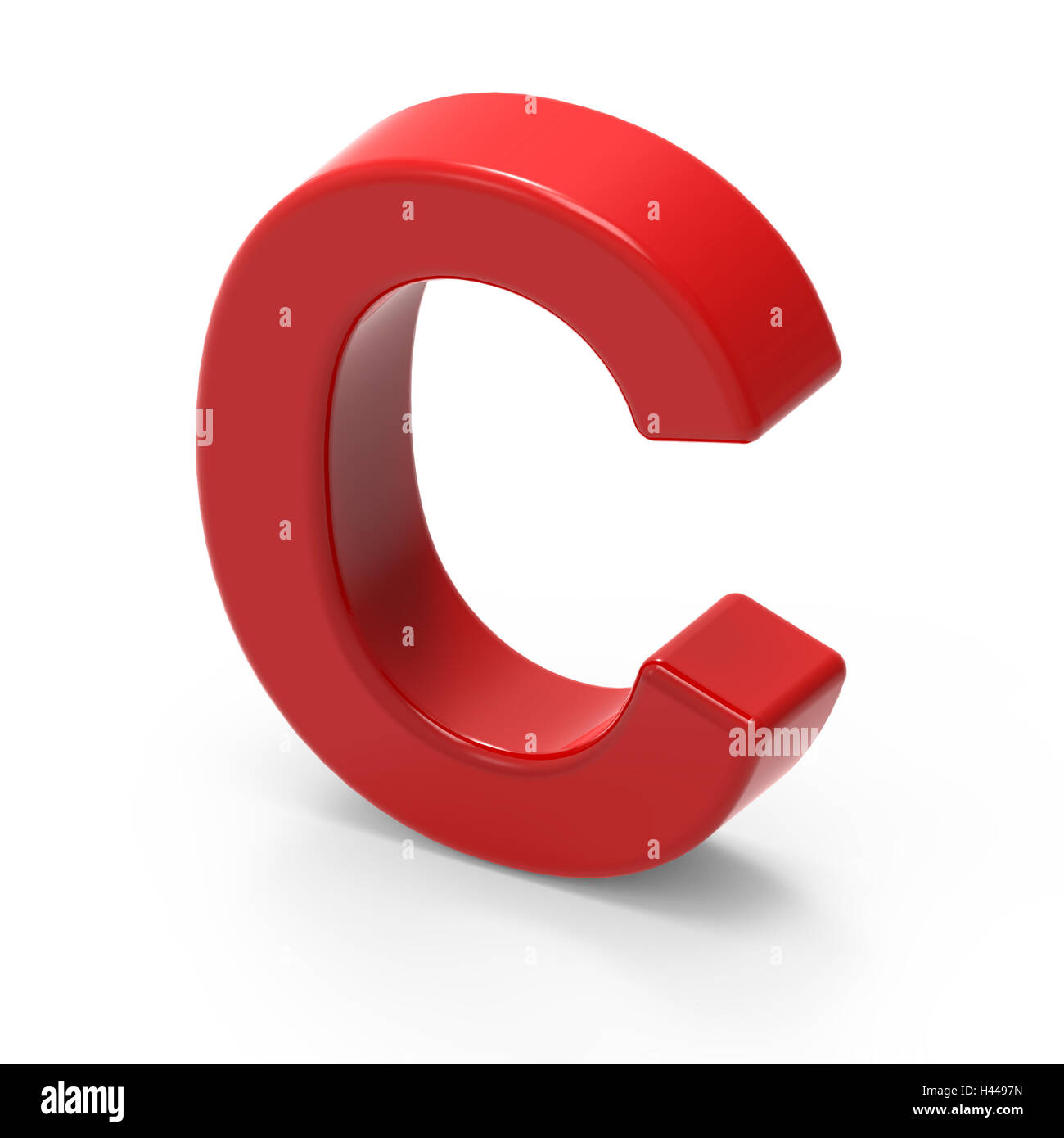 3D rendering red lettera maiuscola C isolato su sfondo bianco, trama liscia rosso font, vista superiore lato destro lettera Foto Stock