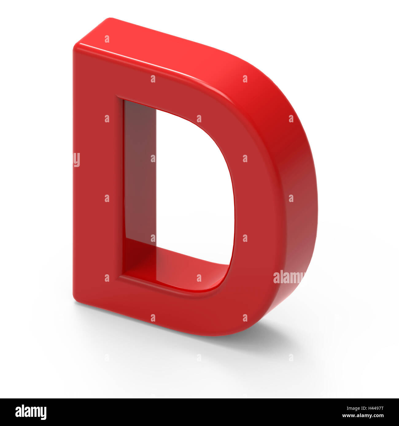 3D rendering red lettera maiuscola D isolati su sfondo bianco, trama liscia rosso font, vista superiore lato destro lettera Foto Stock