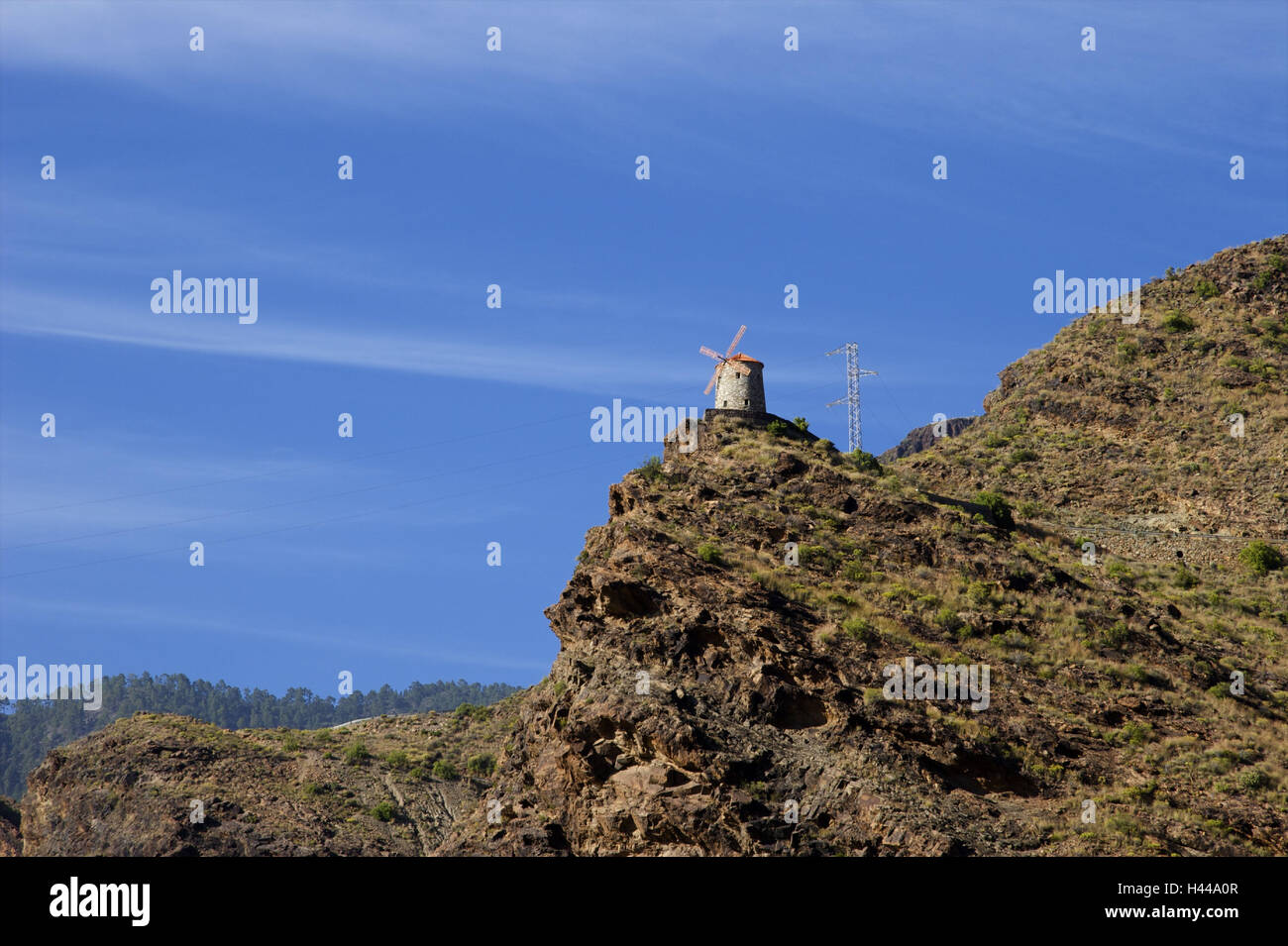 Spagna Isole Canarie, grana Canaria, Massiccio centrale, Barranco de la Aldea, rocce, il mulino a vento, poli di potenza, Foto Stock