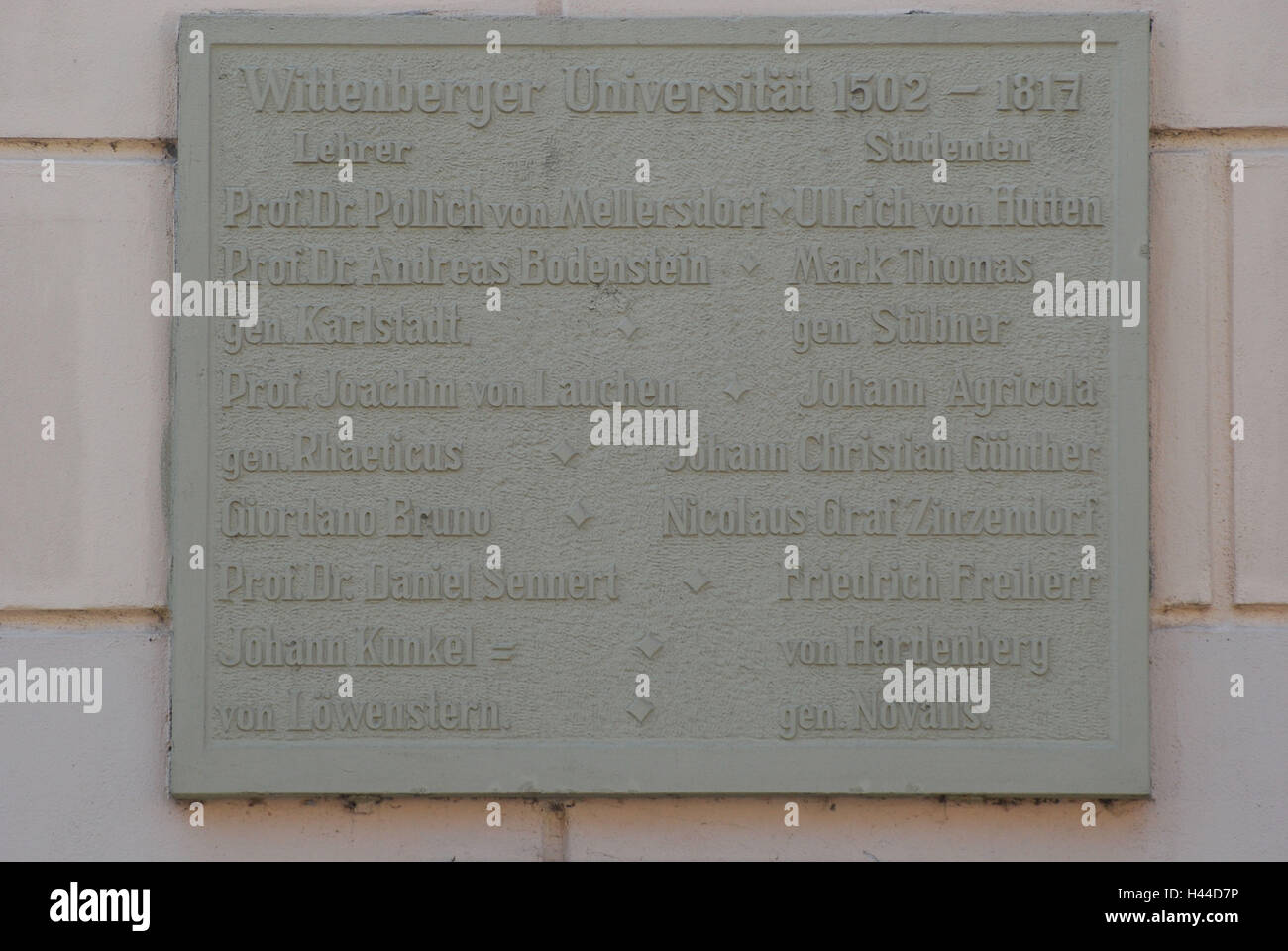 Germania, Sassonia-Anhalt, Lutherstadt Wittenberg, università, tabella commemorativa, Foto Stock