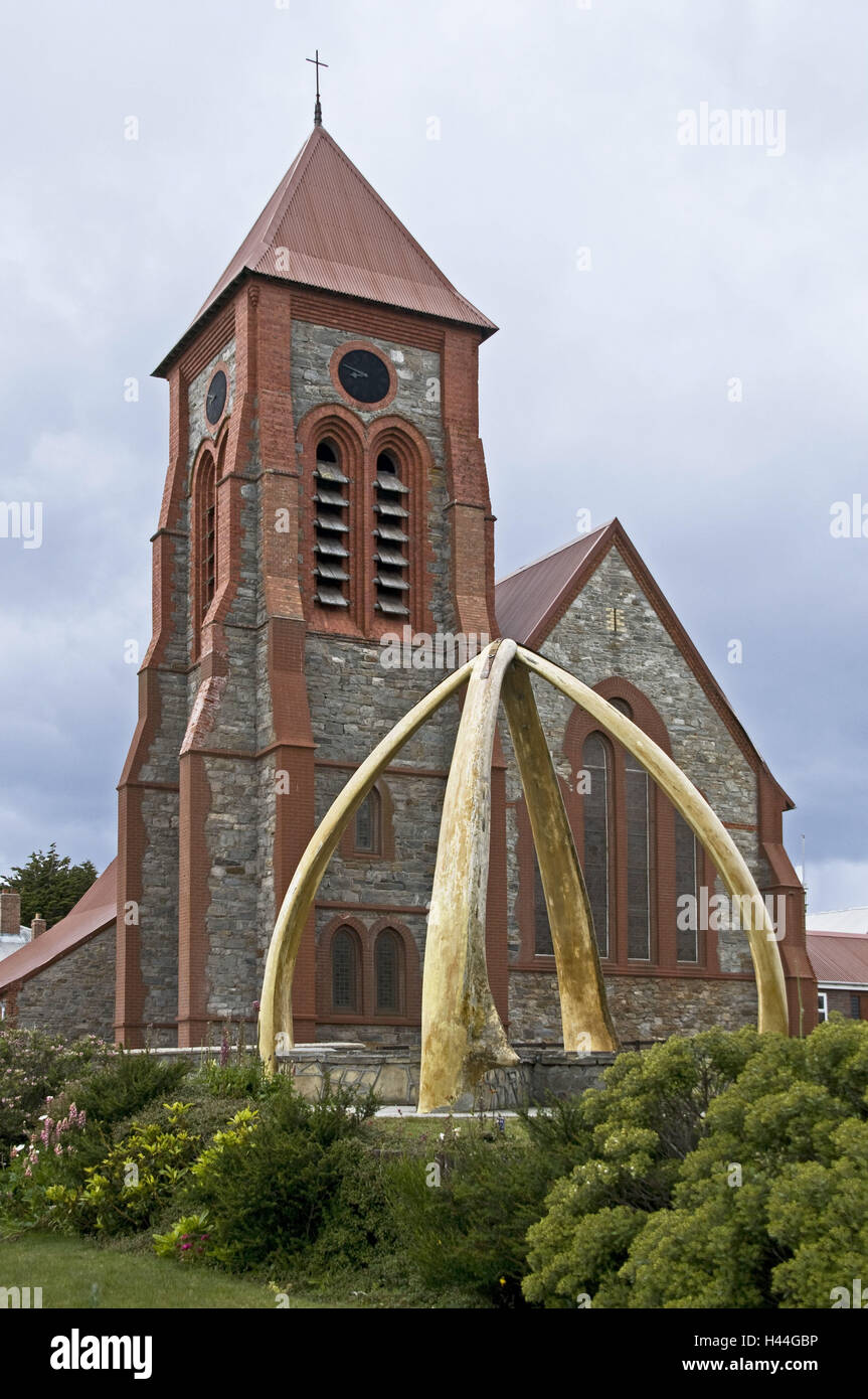 Gran Bretagna, Isole Falkland Port Stanley, la cattedrale di Christchurch, piazzale antistante, osso di balena, Foto Stock