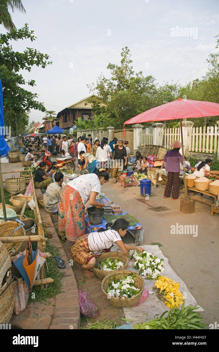 Asia, Laos, Luang Prabang, mercato, locali, donne del venditore, sulcuses shop assistant, persona, acquirente, vendite, verdure, erbe, fresco di giornata, mercato ortofrutticolo, Foto Stock