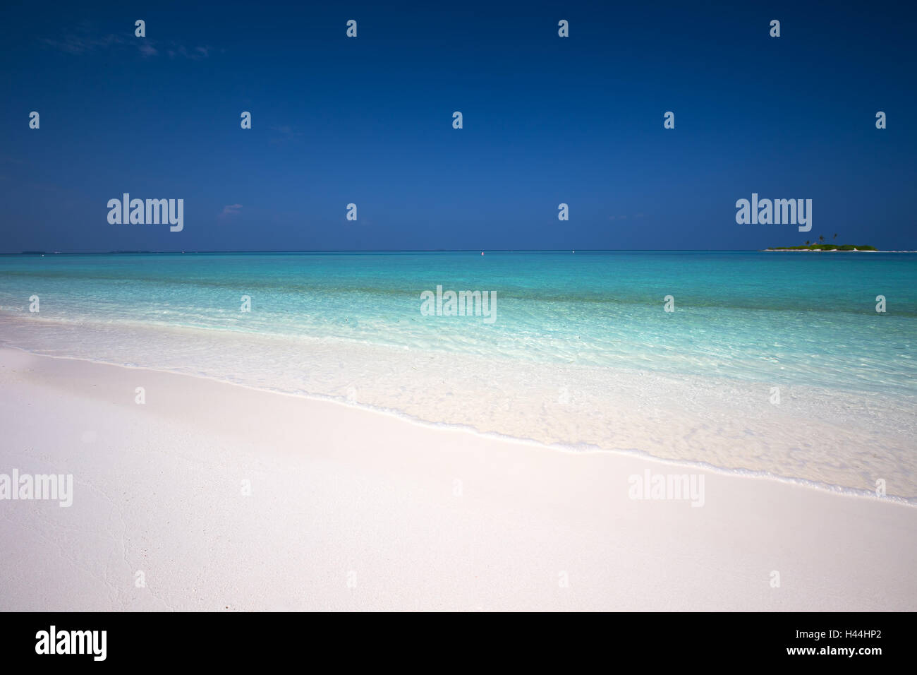 Isola tropicale con spiaggia di sabbia con palme e turchesi acque chiare Foto Stock