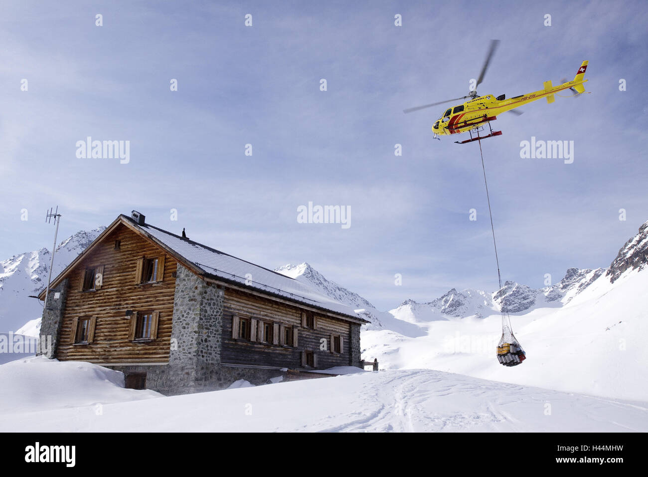 La Svizzera, Canton Grigioni, Jenatschhuette, elicottero, volo di alimentazione, inverno, Foto Stock