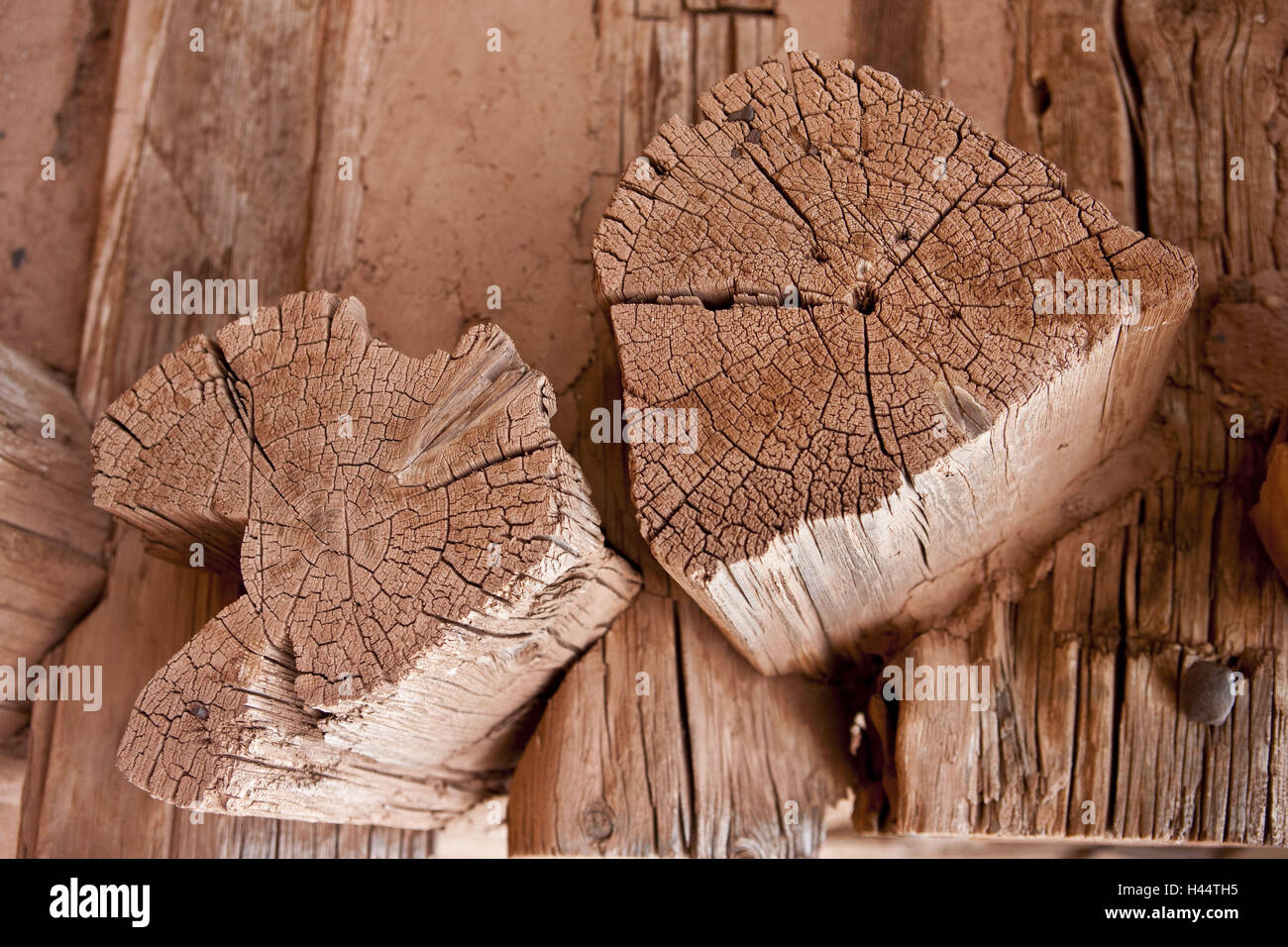Capanna in legno, ceppi, metodo di costruzione, medium close-up, USA, Arizona, Glen Canyon National Recreation Area, Foto Stock