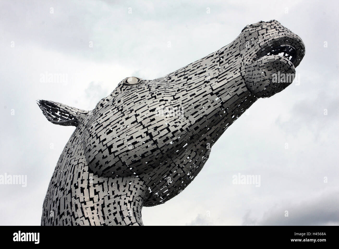 La testa di uno dei Kelpie sculture a Falkirk. Essa è opera di Andy Scott. Foto Stock