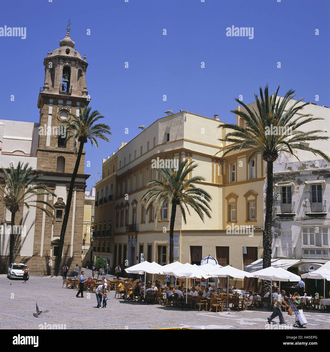 Spagna, Andalusia Cadiz, Plaza de la Catedral, Iglesia de Santiago, dettaglio, torre, Torre Poniente, palme, passanti, l'Europa, la città di destinazione, luogo di interesse, spazio, nella chiesa cattedrale, chiesa, costruzione sacra, la fede, la religione, il cristianesimo, architettura, costruzione, esterno, persone, turisti, street cafe, Foto Stock