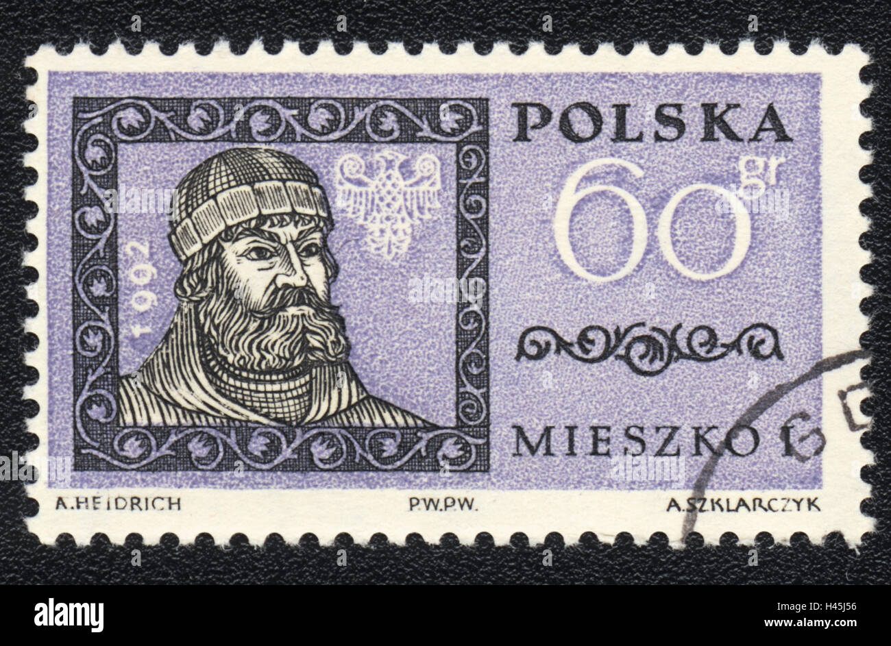 Un francobollo stampato in Polonia mostra ritratto di Mieszko I di Polonia , circa 1992 Foto Stock