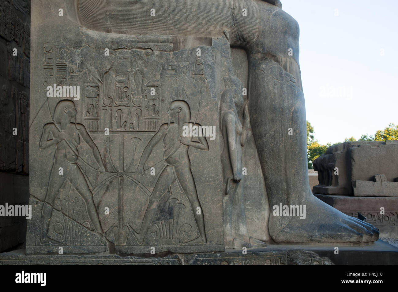 Egitto Luxor tempio di Luxor, geroglifici sul piede la sede la statua di Ramses II nella parte anteriore del pilone, Foto Stock