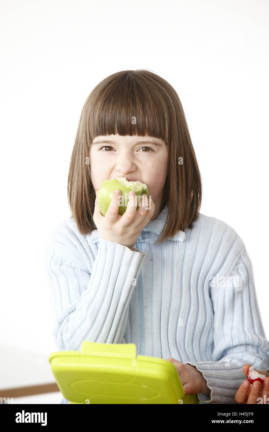 Le ragazze, break, scuola, Apple, cibo, Foto Stock