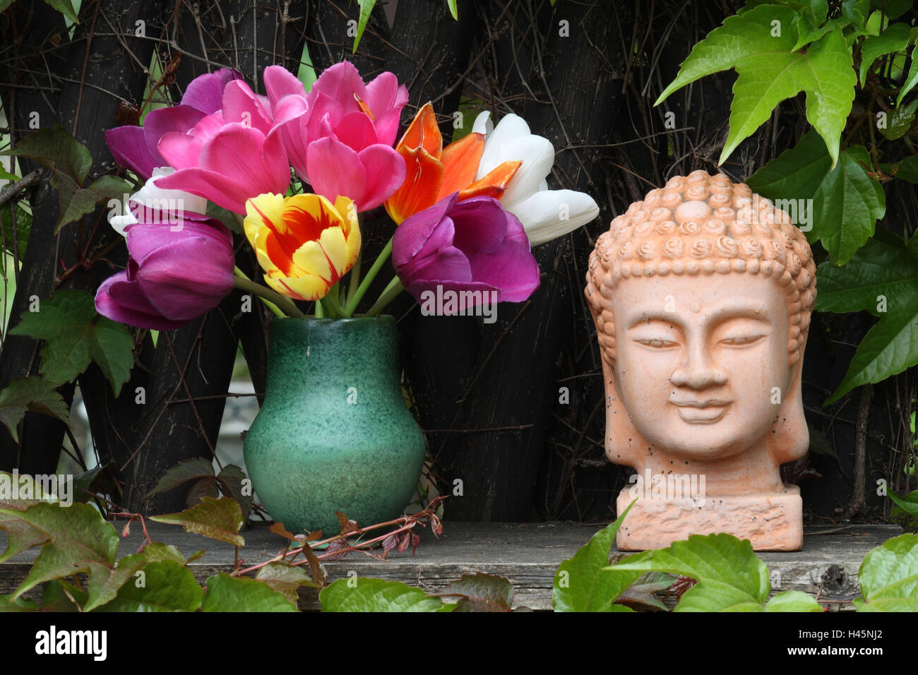 I tulipani, Tulipa, vase, Buddha figura, Foto Stock
