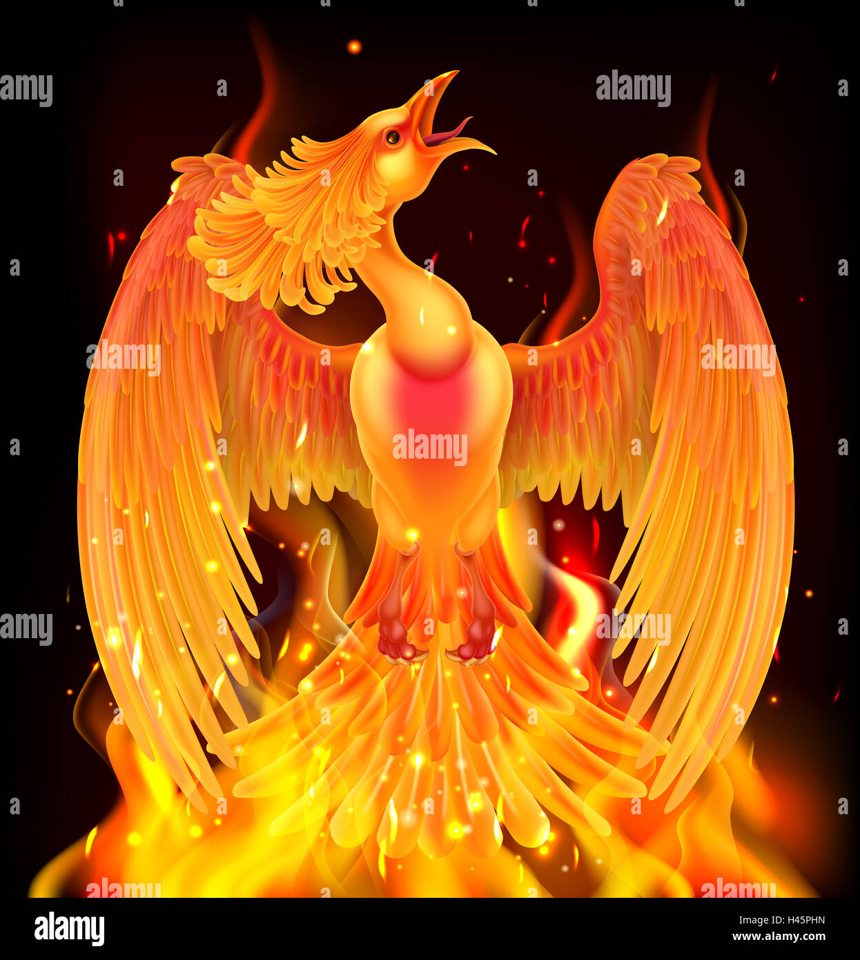 Un uccello Phoenix rising da fiamme, fuoco e cenere Foto Stock