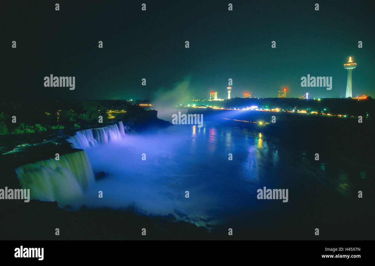 Gli Stati Uniti, New York, Niagara casi, notte, illuminateds, luci, cascata, misure di acqua, acqua, lucentezza, blu, luogo di interesse, turismo, geografia, natura, città, edificio, Foto Stock